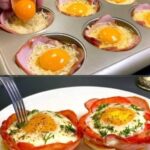 Delicious ham and cheese egg cups freshly baked in a muffin tin. Each cup is made with a slice of ham, shredded cheese, and a whole egg, seasoned to perfection. The final dish is golden, crispy on the edges, and garnished with fresh herbs, ready to be served as a healthy, low-carb, and high-protein breakfast option. Perfect for meal prep, keto diets, and diabetes-friendly eating.