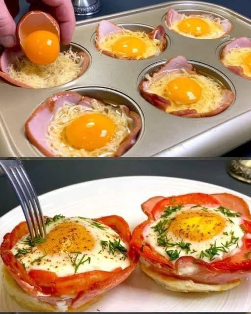 Delicious ham and cheese egg cups freshly baked in a muffin tin. Each cup is made with a slice of ham, shredded cheese, and a whole egg, seasoned to perfection. The final dish is golden, crispy on the edges, and garnished with fresh herbs, ready to be served as a healthy, low-carb, and high-protein breakfast option. Perfect for meal prep, keto diets, and diabetes-friendly eating.