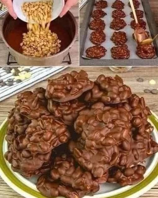 A plate of homemade chocolate pecan turtle clusters, with gooey caramel and rich chocolate coating