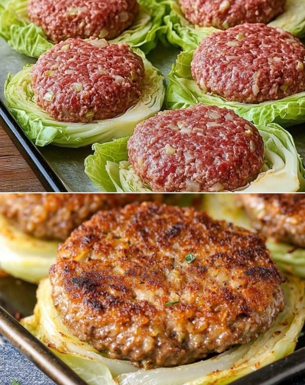 A crispy cabbage nest burger topped with a juicy beef patty, cheese, and fresh avocado, served on a white plate
