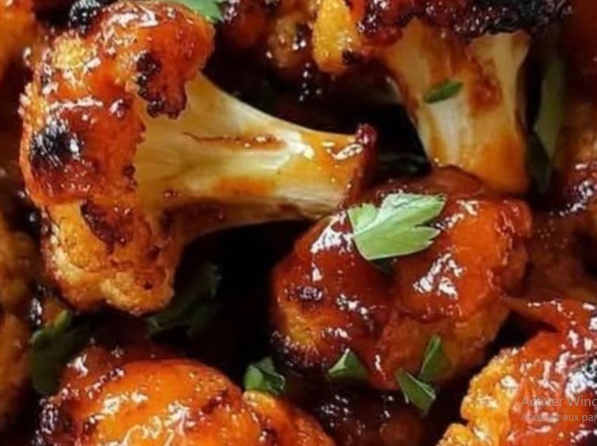 Crispy roasted cauliflower florets served with a spicy dipping sauce on a white plate
