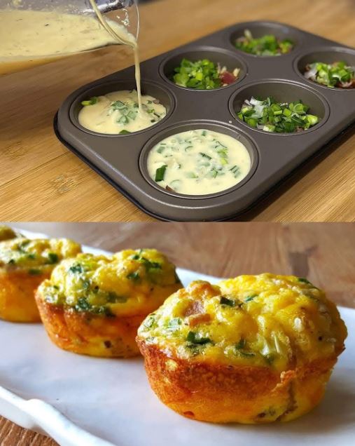 Golden, fluffy egg muffins with bacon, cheddar, and green onions served on a plate