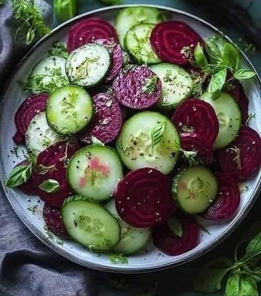 Vibrant cucumber and beet salad topped with fresh herbs in a white bowl
